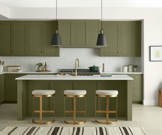 modern kitchen with olive green cabinets