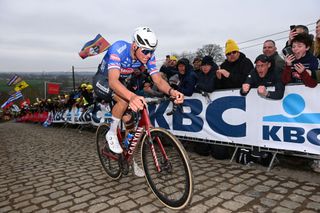 Mathieu van der Poel en route to second in the Tour of Flanders behind Tadej Pogacar