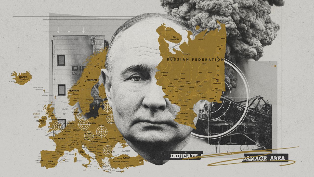 Photo composite of Vladimir Putin, a map of Europe covered in target symbols, and the fire damaged Diehl Metall factory