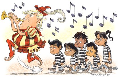 Political cartoon U.S. Trump Pied Piper migrant children family separation