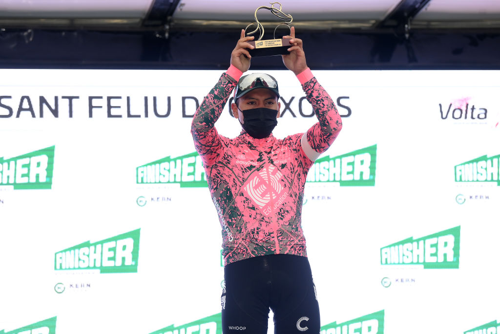 SANT FELIU DE GUIXOLS SPAIN MARCH 21 Jonathan Klever Caicedo Cepeda of Ecuador and EF Education Easypost celebrates at podium as most combative rider prize winner during the 101st Volta Ciclista a Catalunya 2022 Stage 1a 171km stage from Sant Feliu de Guxols to Sant Feliu de Guxols VoltaCatalunya101 WorldTour on March 21 2022 in Sant Feliu de Guixols Spain Photo by David RamosGetty Images