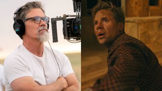 From left to right: Josh Brolin directing Outer Range and Shaun Sipos as Luke Tillerson looking scared in Outer Range.