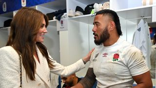 Catherine, Princess of Wales and Patron of the Rugby Football Union congratulates Manu Tuilagi of England