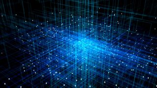 An abstract pattern of blue lines and orange-yellow dots on a dark blue background, to represent a digital environment