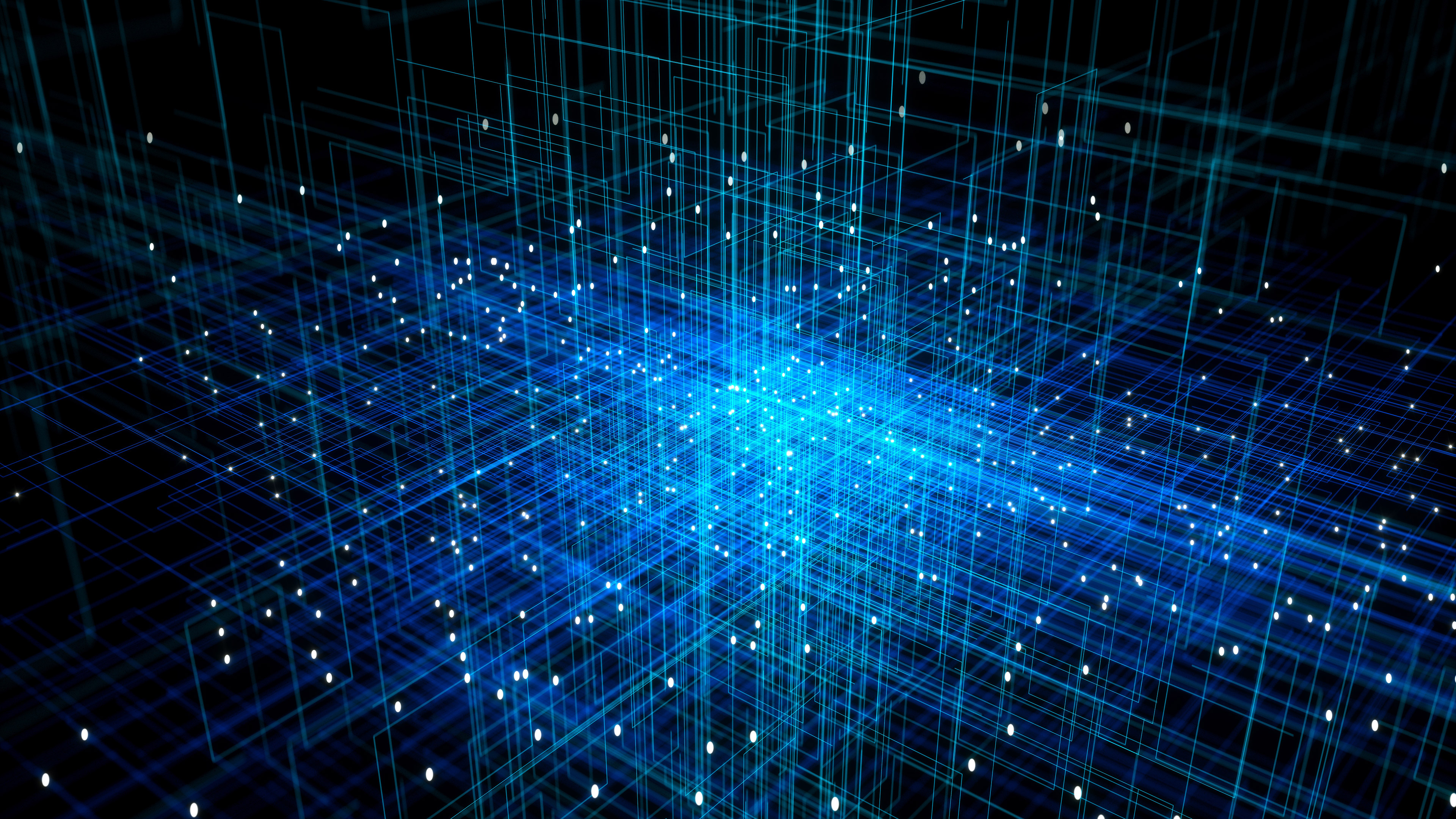 An abstract pattern of blue lines and orange-yellow dots on a dark blue background, to represent a digital environment