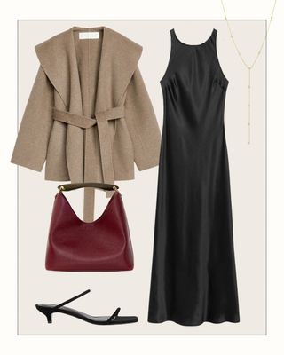 Collage of coat, black slip dress, burgundy handbag, black sandals, necklace