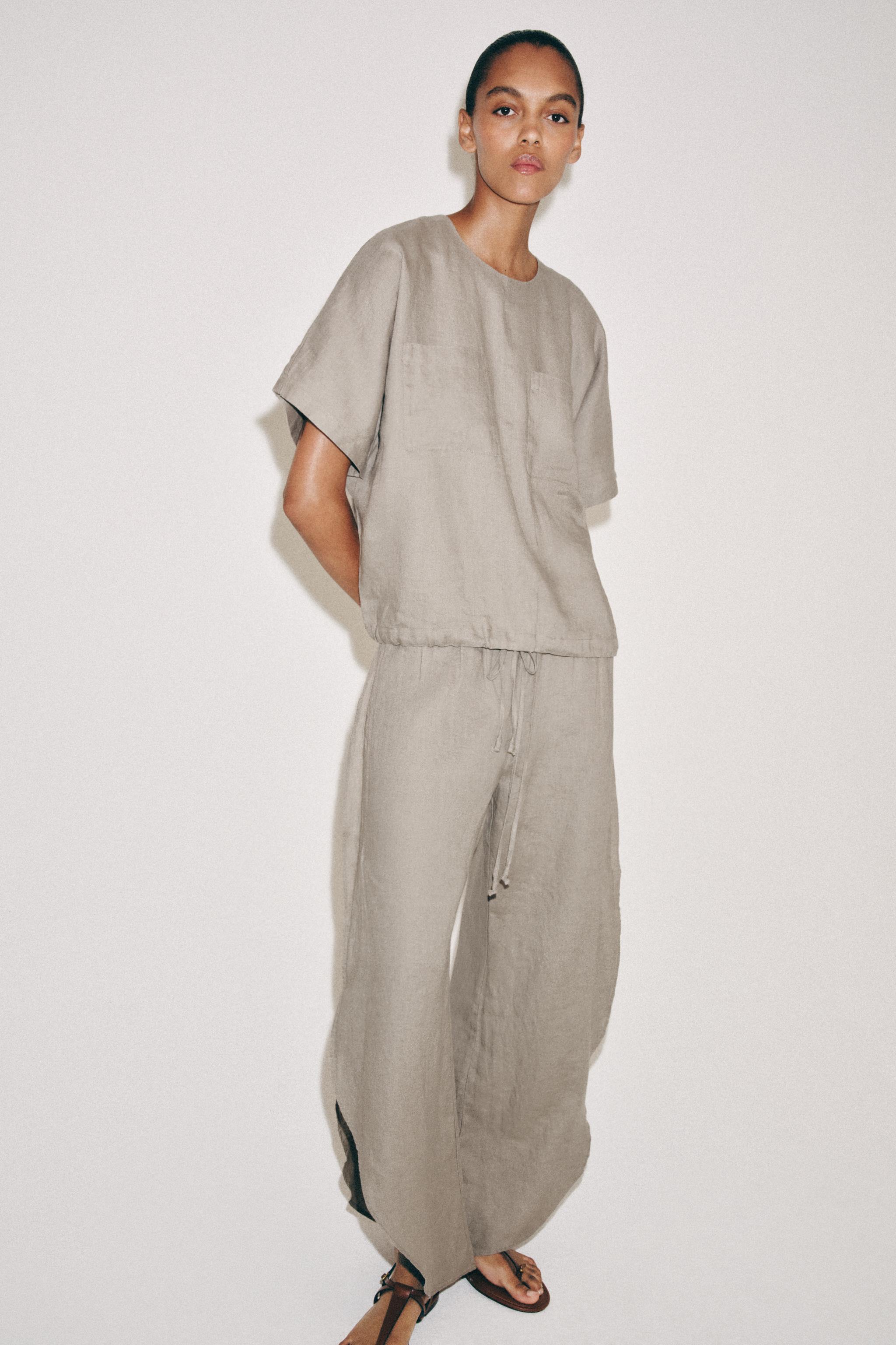 100% Linen Pants With Side Vents Zw Collection