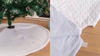 A composite image of a white Christmas tree skirt from Amazon.