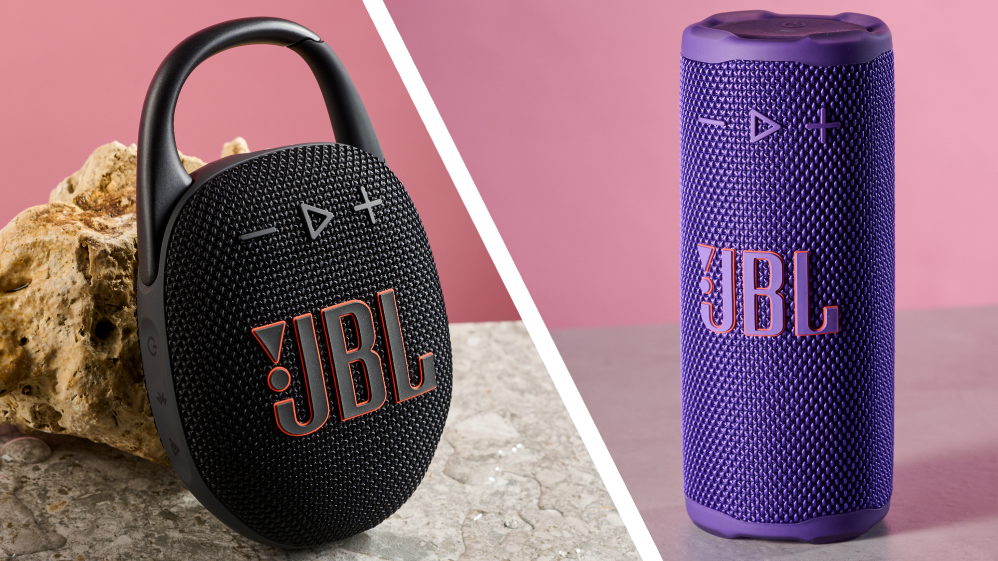 The JBL Clip 5 is pictured leaning against a rock on the left. The right shows the JBL Grip on a tabletop.