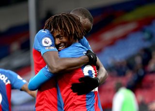 Crystal Palace’s Eberechi Eze (right) celebrates scoring his side’s second goal of the game with teammate Cheikhou Kouyate during the Premier League match at Selhurst Park, London