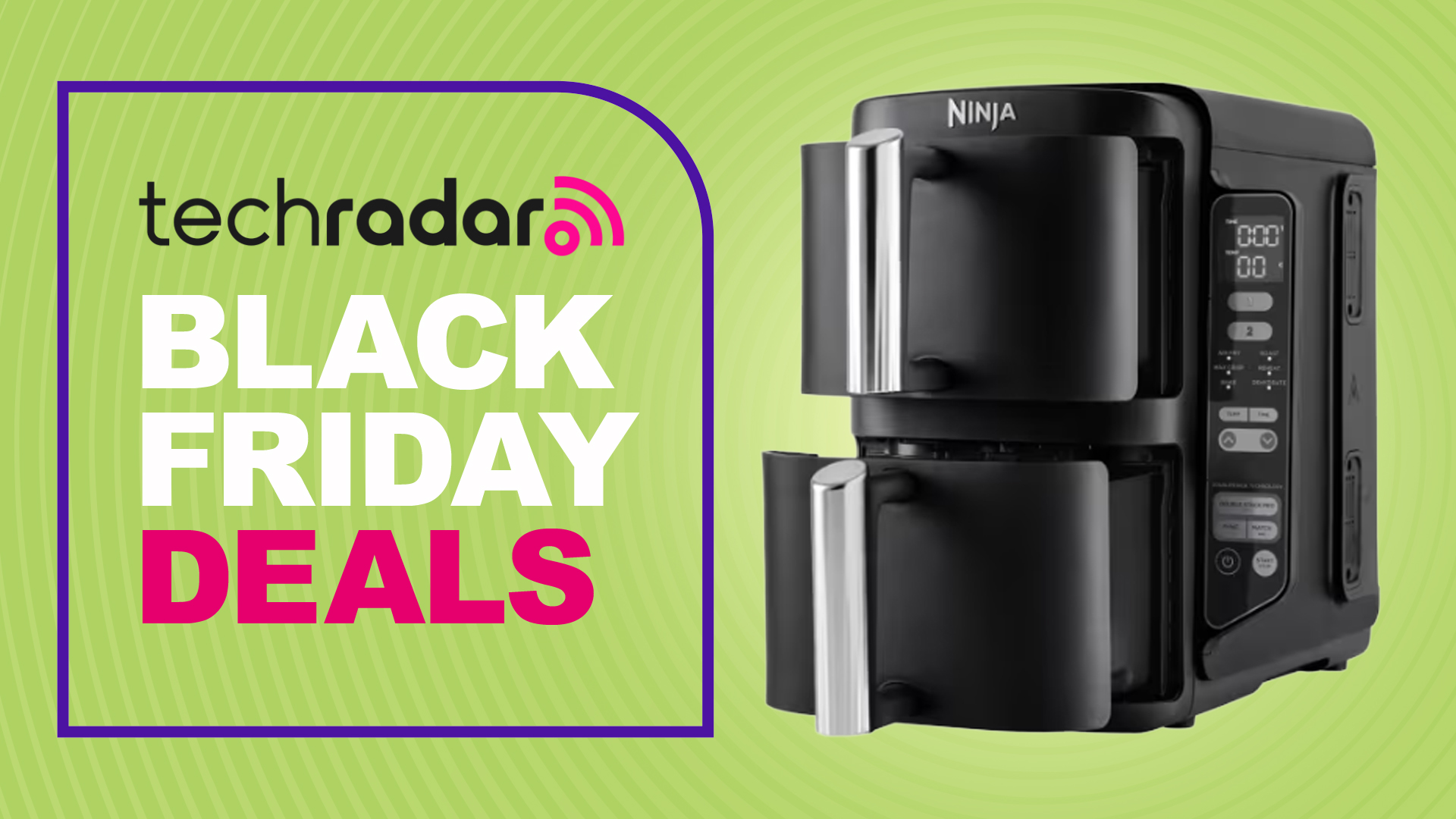 Ninja DualStack air fryer on green background with text reading &quot;TechRadar Black Friday Deals&quot;