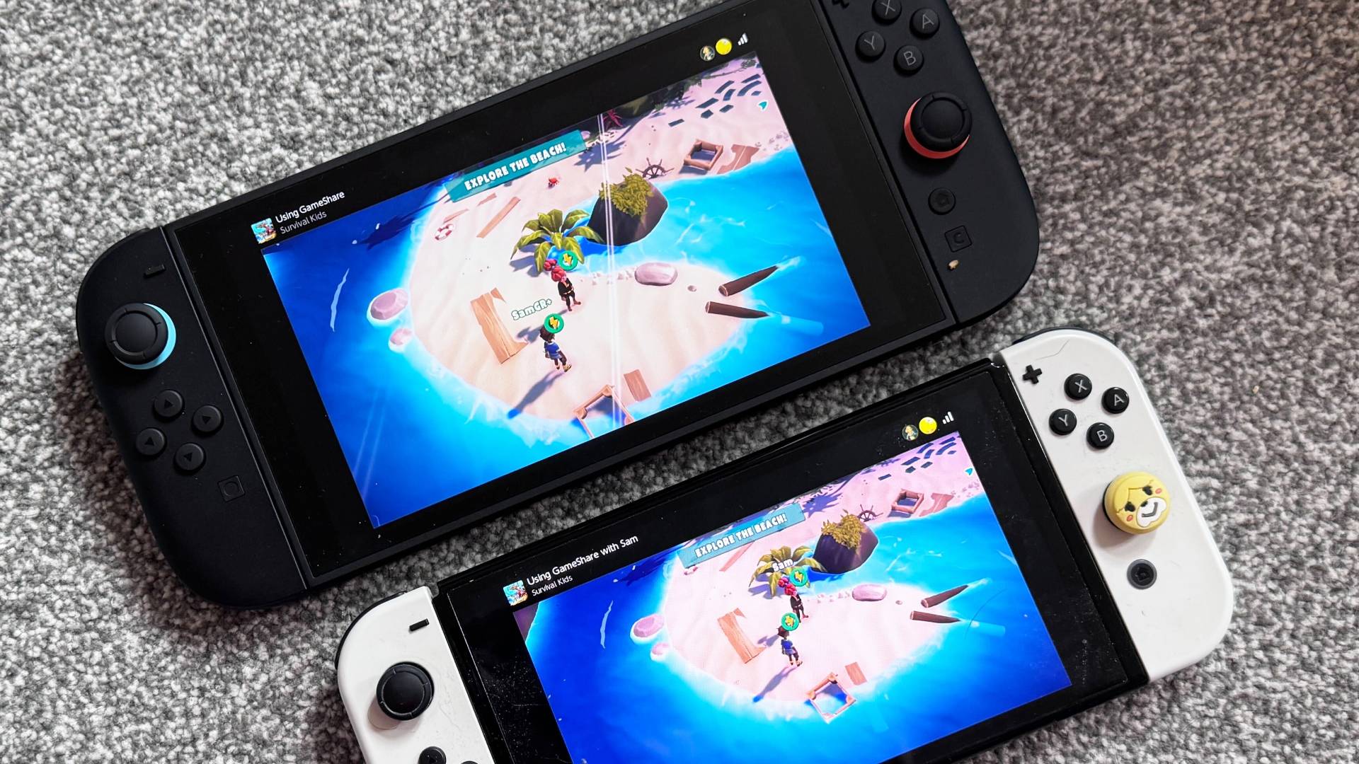 Photo taken by Sam Loveridge of the Nintendo Switch 2 and the original Switch using the GameShare feature.