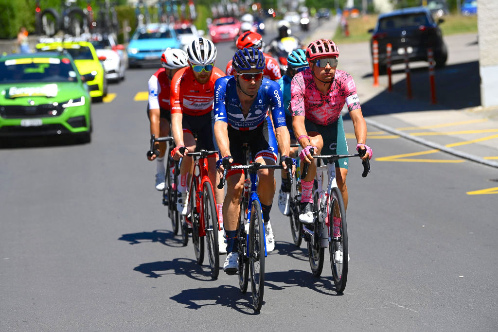 GRENCHEN, SWITZERLAND - JUNE 14: (L-R) Joey Rosskopf of United States and Team Human Powered Health and Stefan Bissegger of Switzerland and Team EF Education - Easypost compete in the breakaway during the 85th Tour de Suisse 2022 - Stage 3 a 176,9km stage from Aesch to Grenchen / #ourdesuisse2022 / #WorldTour / on June 14, 2022 in Grenchen, Switzerland. (Photo by Tim de Waele/Getty Images)