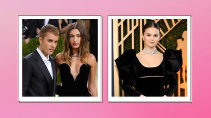 Justin Bieber, Hailey Bieber and Selena Gomez in a pink template
