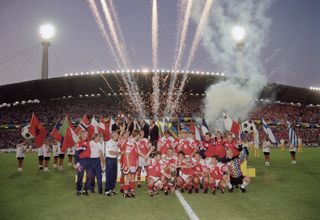 Fireworks go off as Denmark celebrate their Euro 92 final win over Germany,