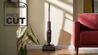 Roborock F25 Ace wet-dry vacuum stood against a wall. A red sofa is to the right of the image, and the TechRadar logo with "Price Cut" text in black is on the left.