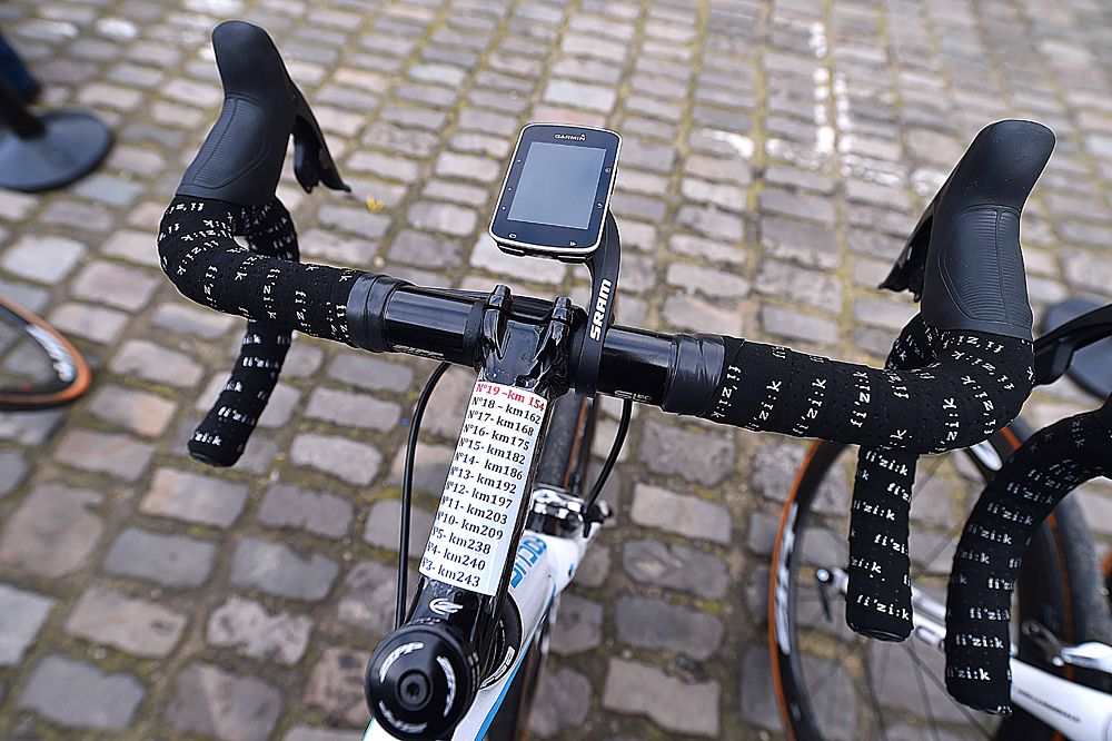 Paris-Roubaix race notes attached to the stem