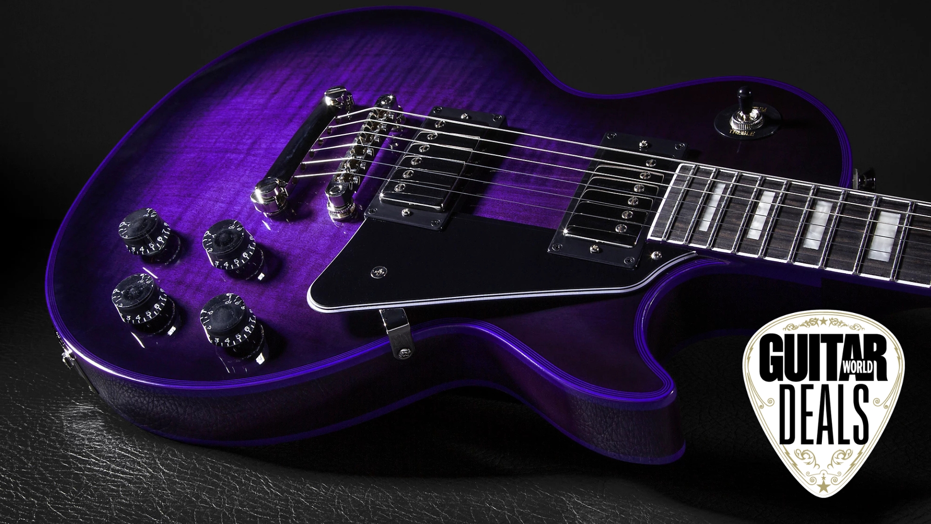 Close up of the body of an Epiphone Les Paul Custom Widow electric guitar, with the Guitar World deals logo in the bottom right corner