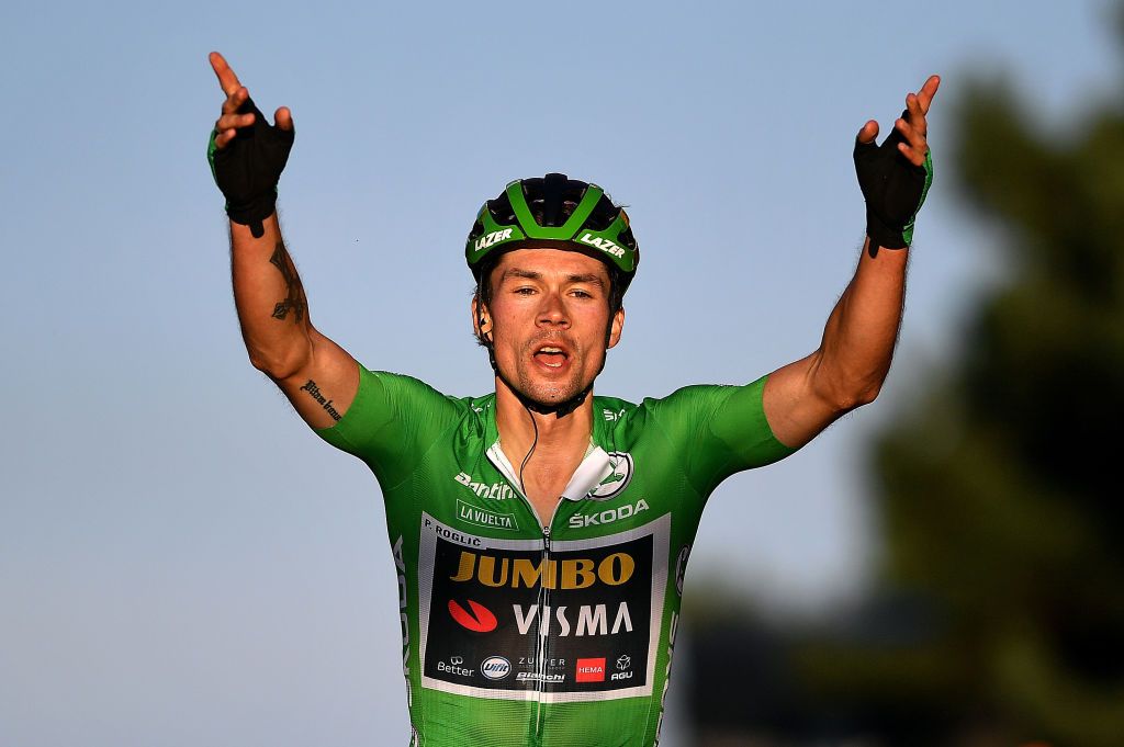 ALTODEMONCALVILLO SPAIN OCTOBER 28 Arrival Primoz Roglic of Slovenia and Team Jumbo Visma Green Points Jersey Celebration during the 75th Tour of Spain 2020 Stage 8 a 164km stage from Logroo to Alto de Moncalvillo 1490m lavuelta LaVuelta20 on October 28 2020 in Alto de Moncalvillo Spain Photo by Justin SetterfieldGetty Images
