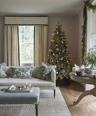 Living room with Christmas tree and neutral furniture and walls