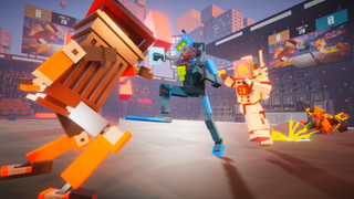 Three robots battle it out in close quarters combat inside a stadium 