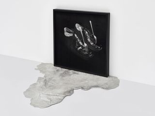 Deep dive, 2021, Silver gelatin print, glass, pewter puddle (melted jugs, plates, buttons, wine cup, candlesticks and tea pot). by Polly Brown