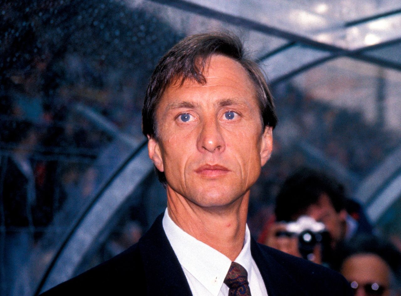 Barcelona manager Johan Cruyff looks on at the 1989 Cup Winners' Cup final against Sampdoria in Bern