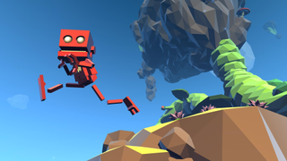 Relaxing PC games — BUD, Grow Home's jaunty robot player character, leaps bravely from a rocky ledge.