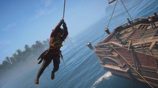 Assassin's Creed Black Flag Resynced Edward Kenway swinging from rope on the jackdaw over the sea