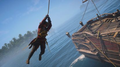 Assassin's Creed Black Flag Resynced Edward Kenway swinging from rope on the jackdaw over the sea
