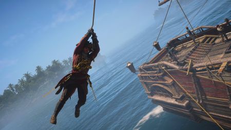 Assassin's Creed Black Flag Resynced Edward Kenway swinging from rope on the jackdaw over the sea