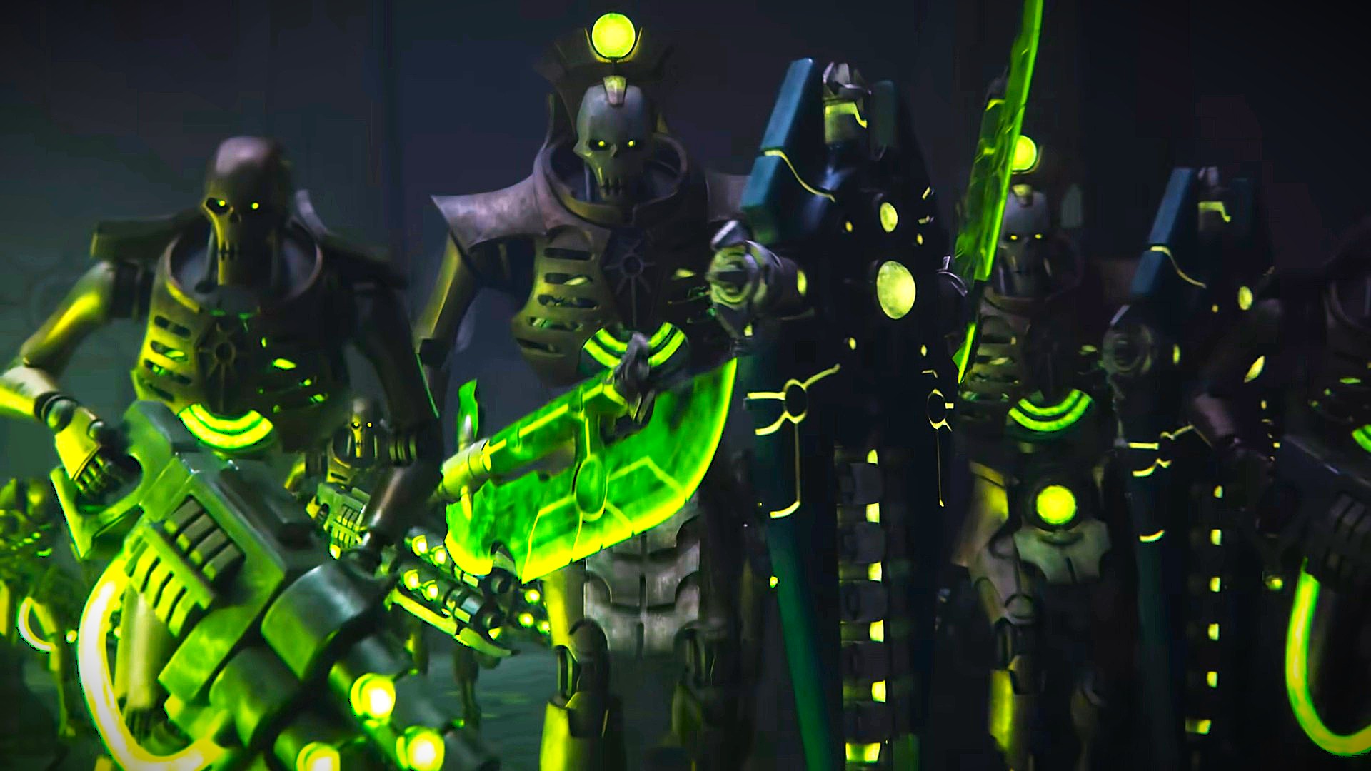 Armored robotic figures with glowing green accents hold futuristic weapons, exuding a menacing and futuristic vibe in a dark setting.