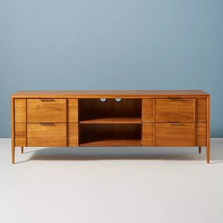 Mid-century inspired low wooden media console with brass hardware 
