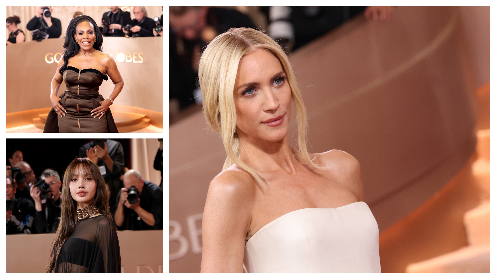 collage of best beauty looks from the golden globes