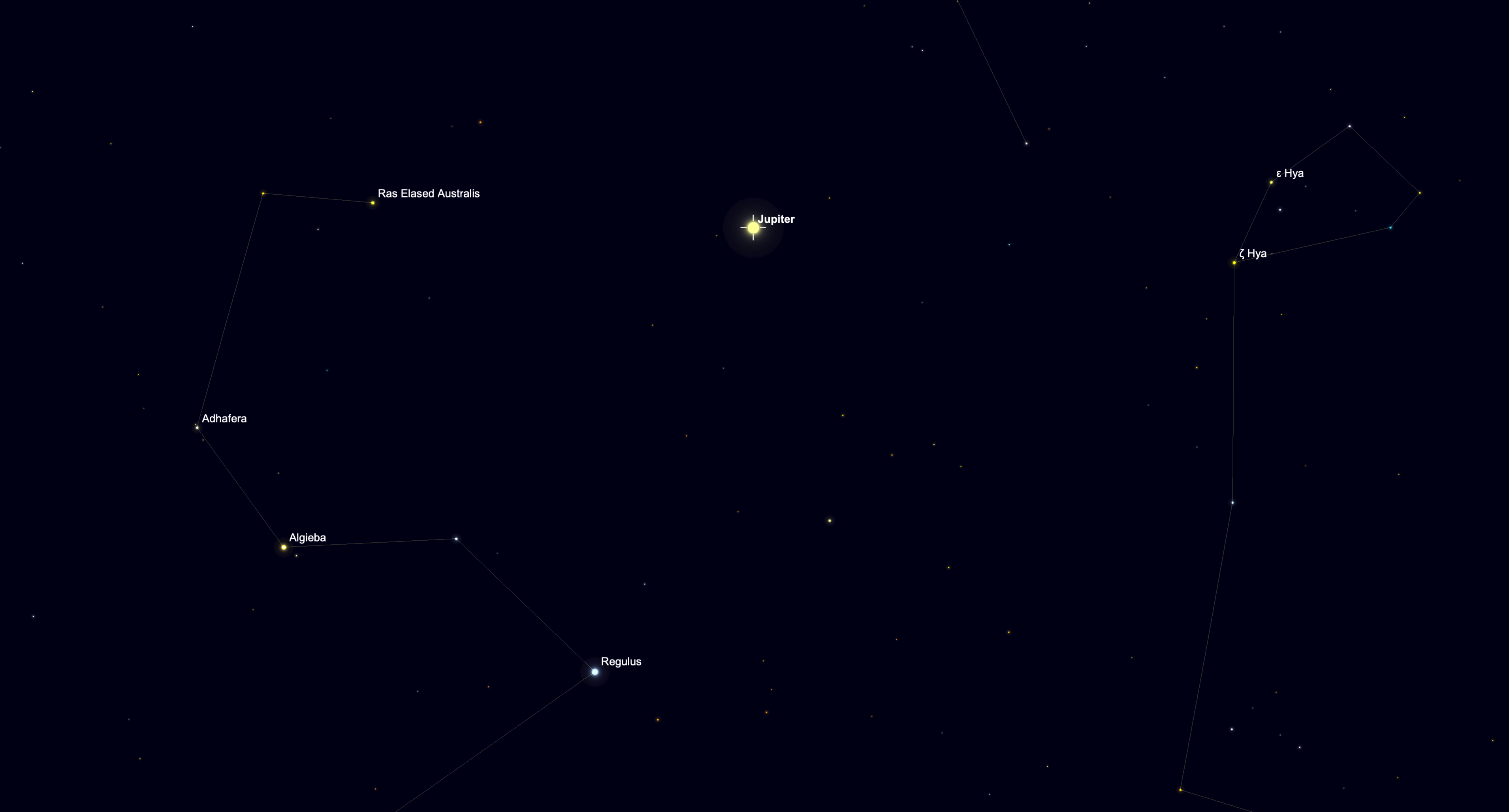 Star chart showing Jupiter in the constellation Leo near Regulus on Sept. 24, 2026.