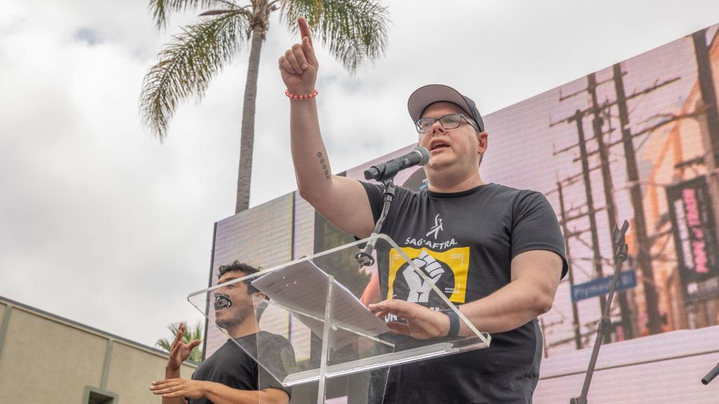 Duncan Crabtree-Ireland speaks at the SAG-AFTRA Los Angeles Solidarity March and Rally on September 13, 2023.