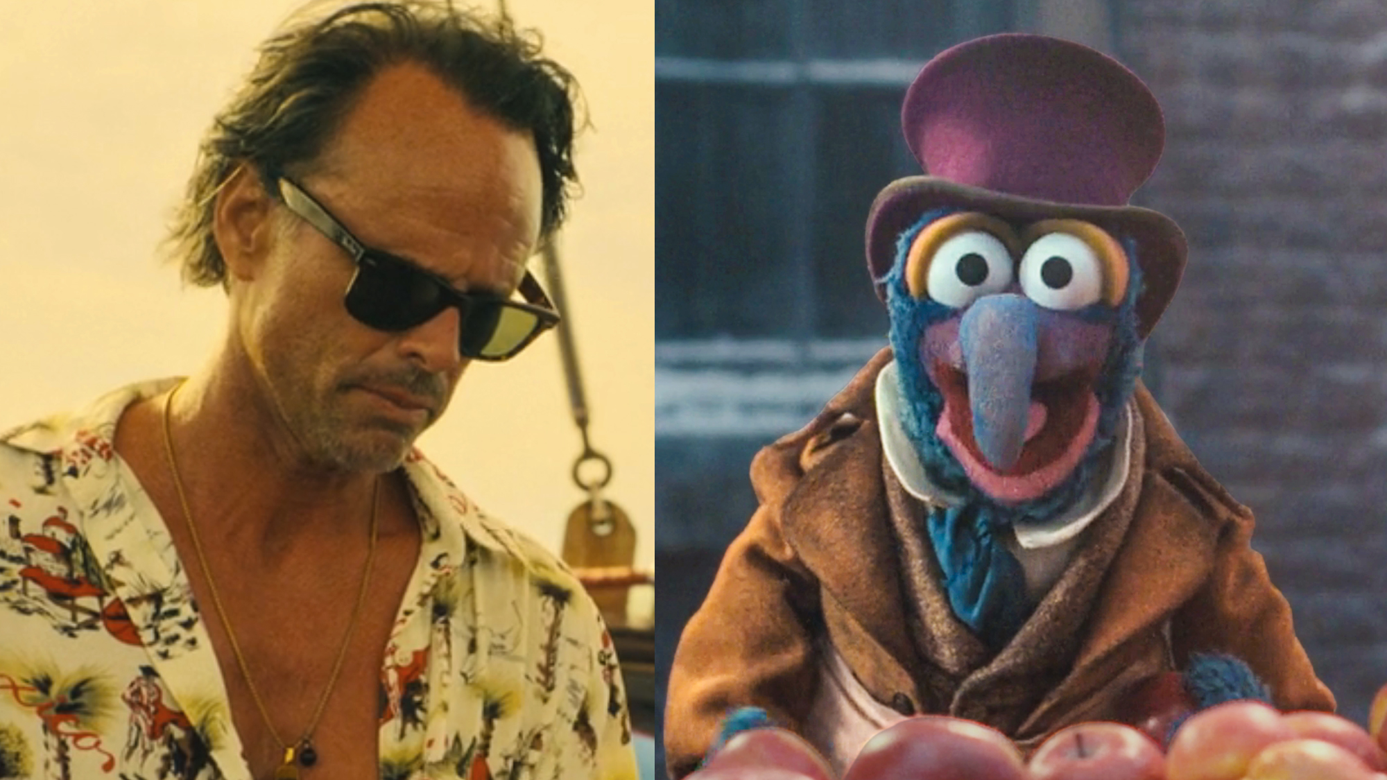 Walton Goggins in a white hawaiian shirt and sunglasses for HBO's The White Lotus, Gonzo in period attire for The Muppets Christmas Carol.
