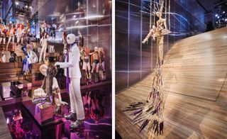 Mannequins jewelled with mirrored tiles, sequins and stones next to a golden woman swinging from the ceiling