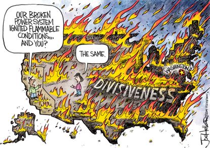 Political Cartoon U.S. Broken Power System California US Divisiveness Wildfire