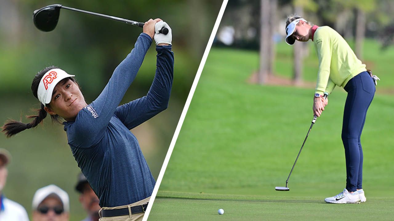 Women&#039;s Golf Swing: Celine Boutier hitting a drive and Nelly Korda hitting a putt