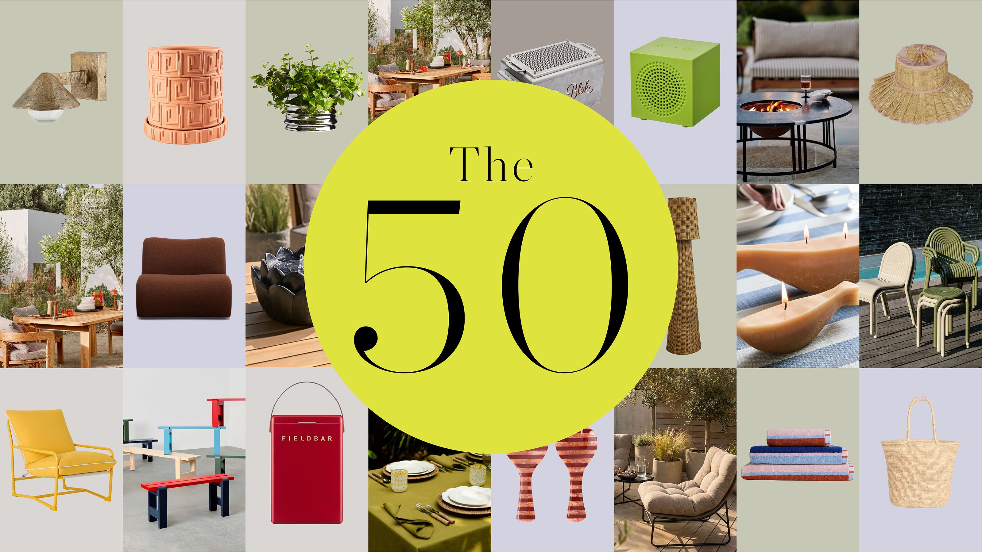 collage of garden furniture with a big yellow circle in the centre with the words 'the 50' in them