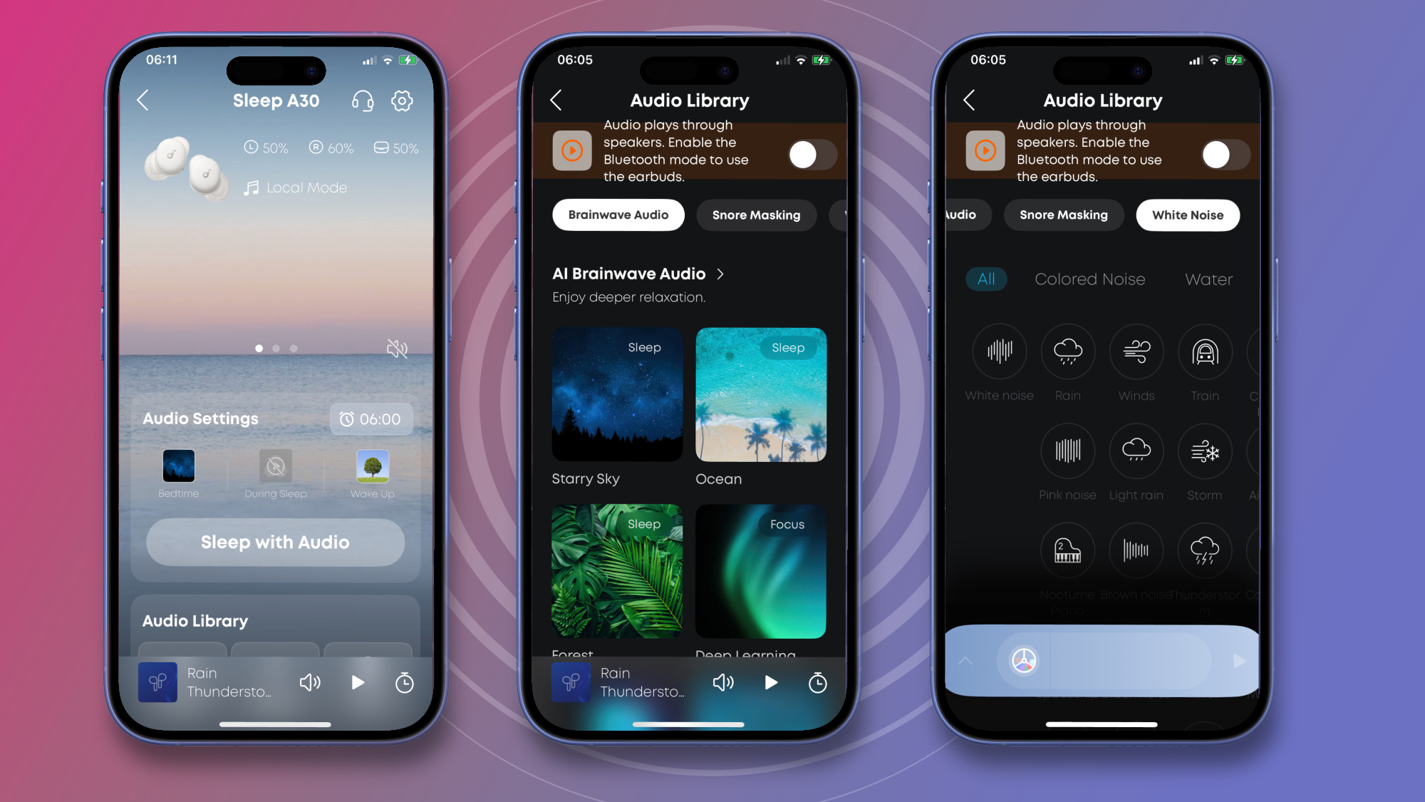 Three phone screens show screenshots of the Soundcore app. The first shows the dashboard for the Soundcore Sleep A30, the second shows the binaural beats library, and the last shows some of the white noise options.