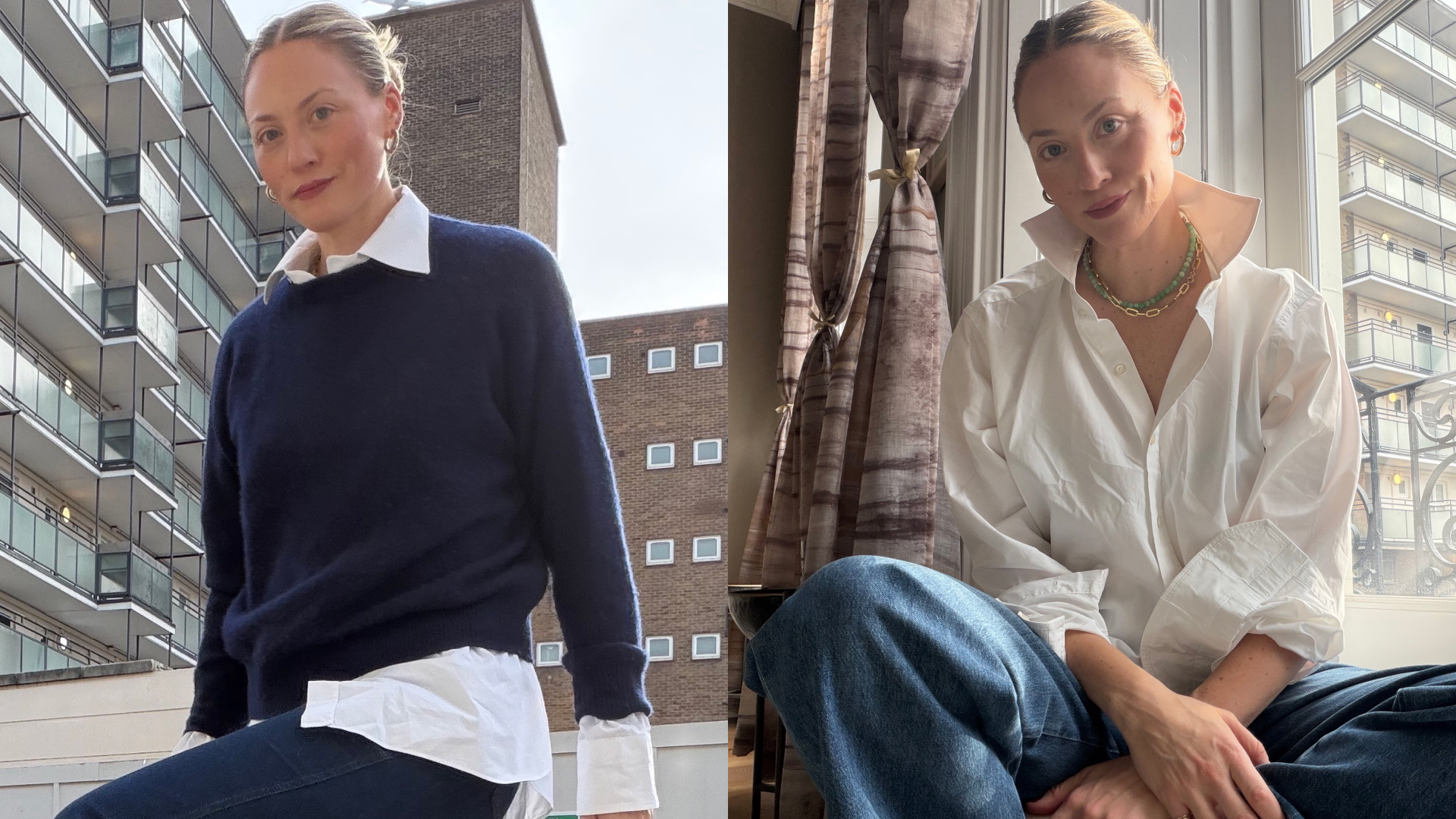 images of Brooke Ely Danielson wearing a white button-down shirt in different styles