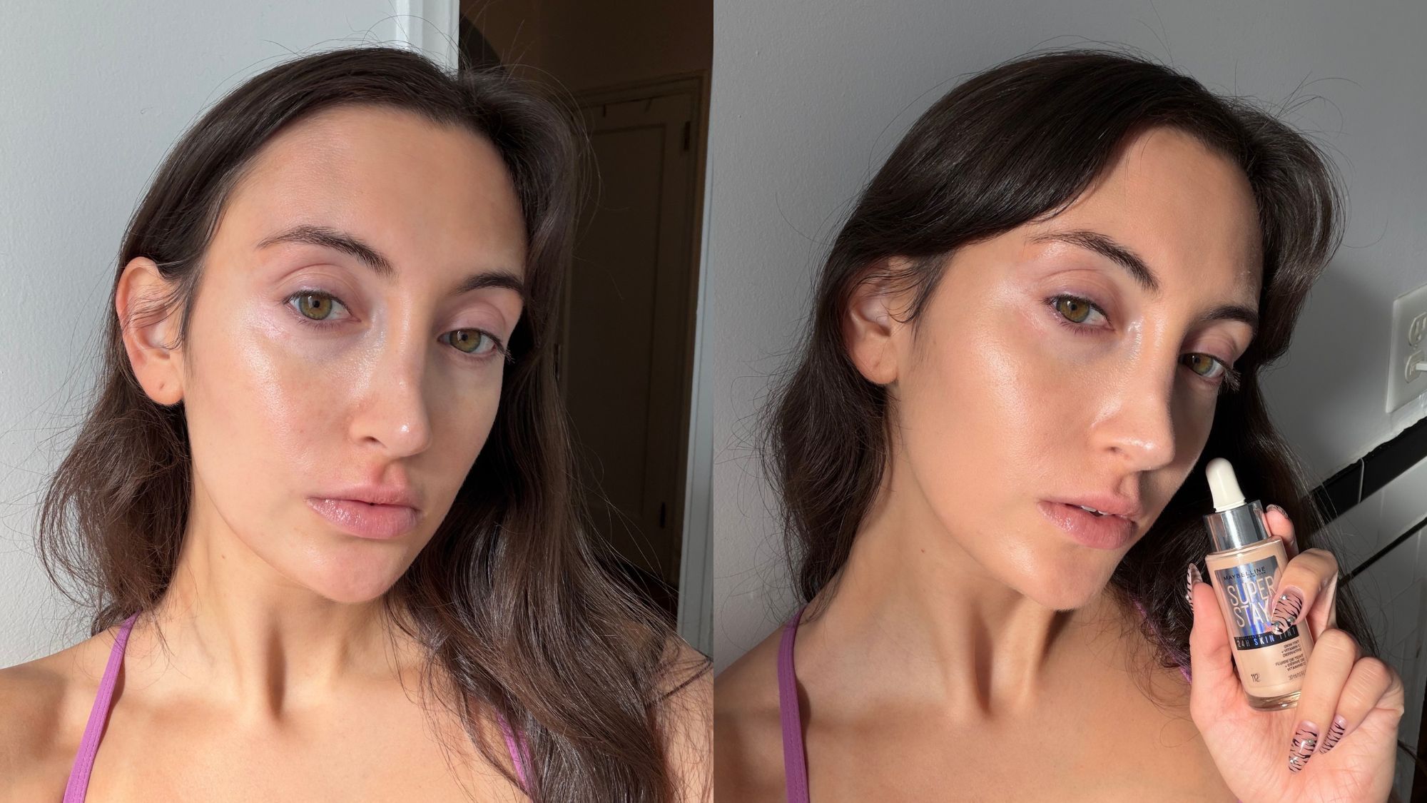 An image of Who What Wear associate beauty editor Alyssa Brascia before and after applying the Maybelline Super Stay Skin Tint.