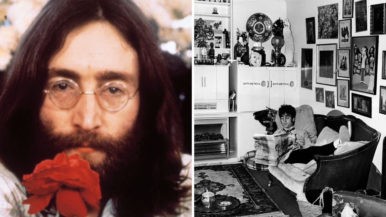 a split screen with a picture of john lennon on the left and his '60s living room on the right