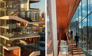 Two images of the new Medical Center for New York’s Columbia University. The first image shows the exterior of the building, the modern building is flooded with light through panoramic, glass windows that surround the side of the building, through which we see staircases and classrooms. The image to the right shows the interior, we see a staircase and people walking on it.