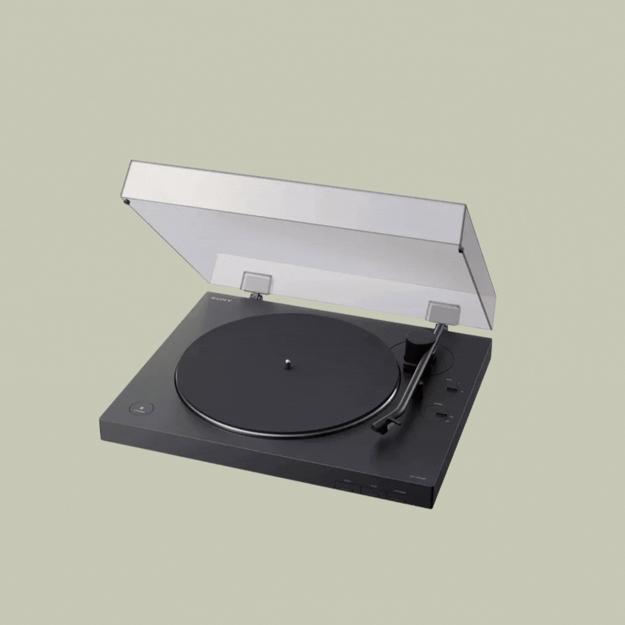 ony Ps-Lx310bt 2 Speed Bluetooth Record Player shown in a rotating gif as a product shot placed against pale green background and styled on a wooden shelving unit in a living room stacked with records.