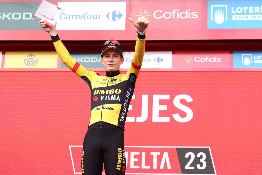 BEJES SPAIN SEPTEMBER 12 Jonas Vingegaard of Denmark and Team JumboVisma celebrates at podium as stage winner during the 78th Tour of Spain 2023 Stage 16 a 1201km stage from Liencres to Bejes 528m UCIWT on September 12 2023 in Bejes Spain Photo by Alexander HassensteinGetty Images
