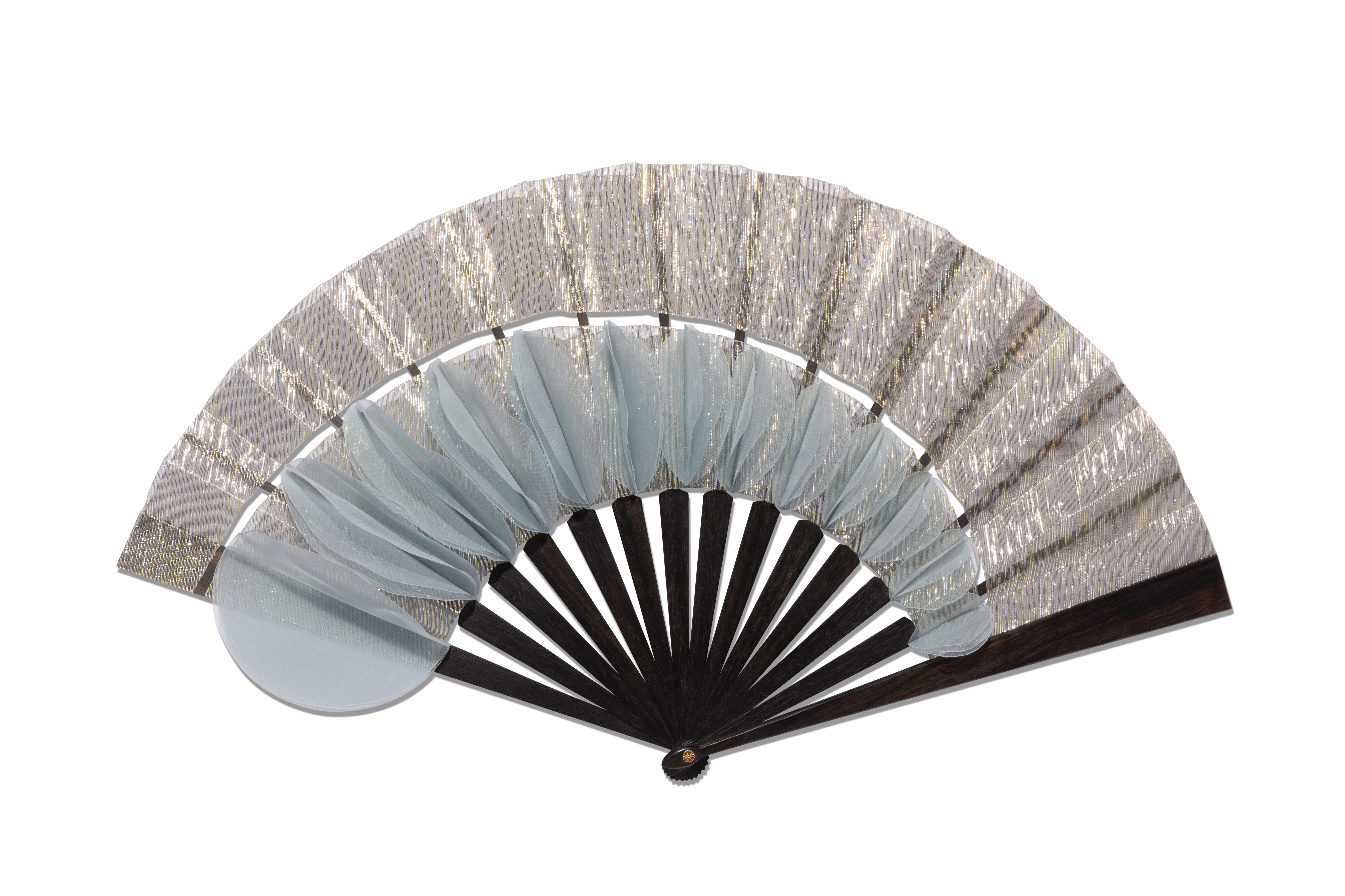 Silver, blue and black fan