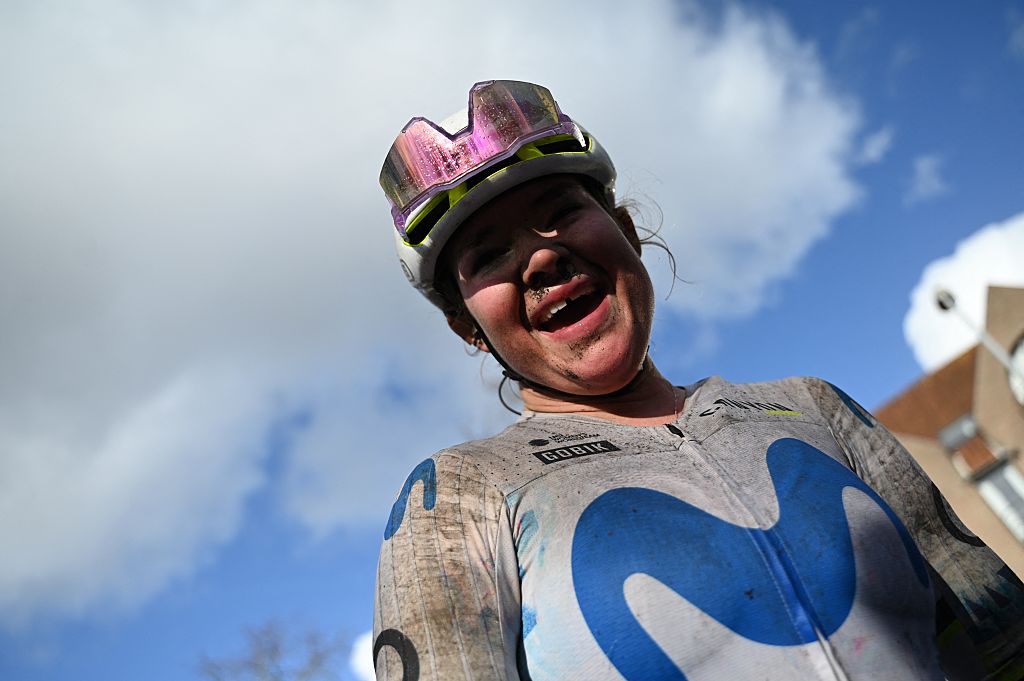 British Carys Lloyd of Movistar Team and pictured after the finish line of the 'Ronde van Brugge' women's elite one-day cycling race, 143,7 km from and to Brugge on Thursday 26 March 2026.BELGA PHOTO ELIAS ROM (Photo by ELIAS ROM / BELGA MAG / Belga / AFP via Getty Images)